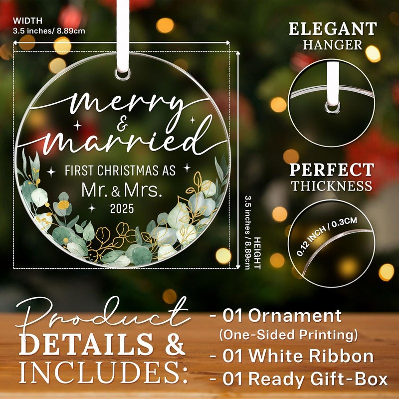 HEXMOZ First Christmas Married Ornament 2025 - Wedding Gifts for Couples 2025 - Just Married, Mr and Mrs Gifts for Newlyweds - Bridal Shower Gift for Bride - Acrylic Wedding Ornament - Image 2